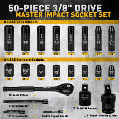 3/8'' Drive Impact Socket Set - 50-Piece Shallow & Deep Socket Set Metric and Standard Full with Universal Joint, Extension Bar, 1/2 to 3/8 Reducer, Hex Shank Socket Adapter, Ratchet Handle