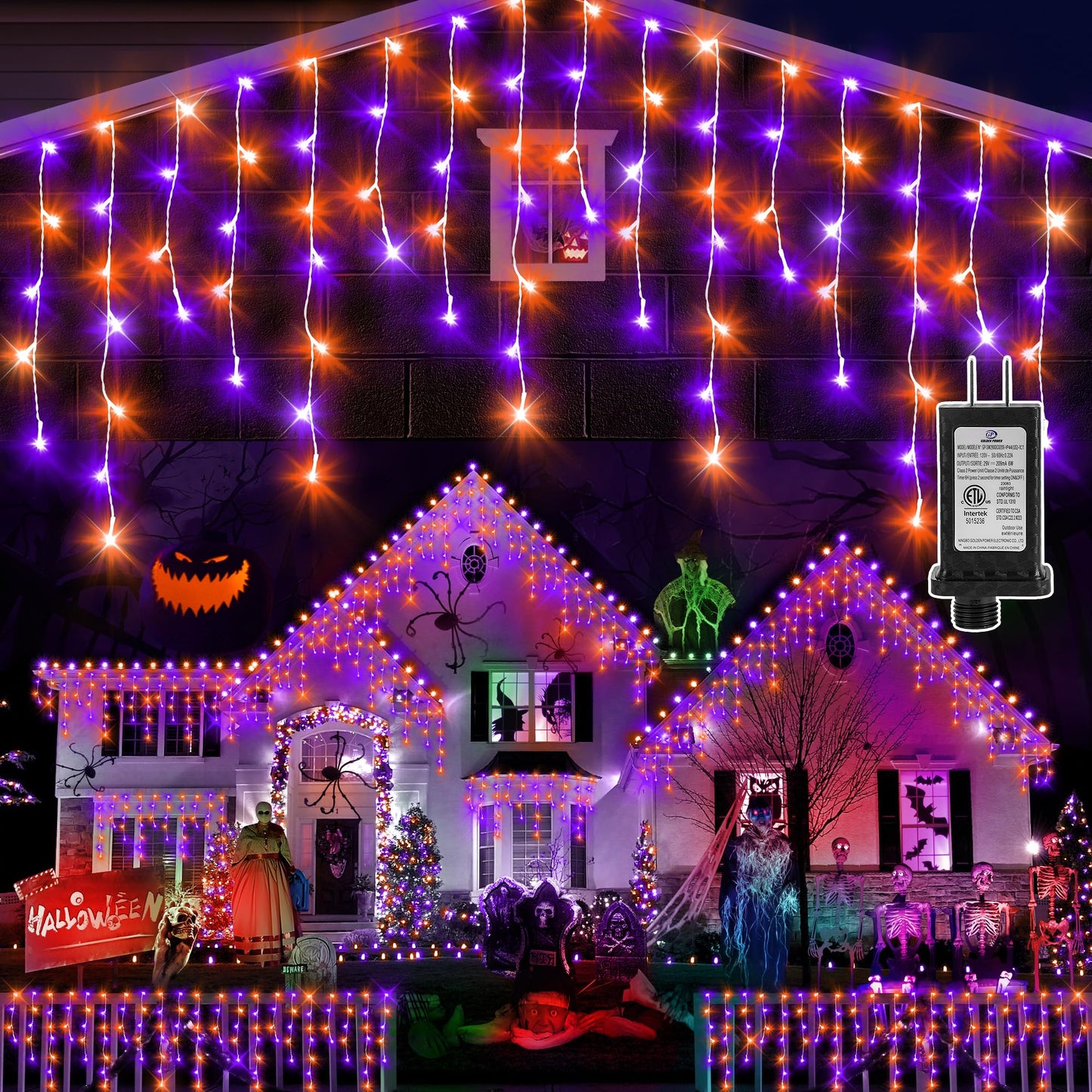 KNONEW 99FT 1216 LED Halloween Lights Decortation Orange Purple String Lights Outdoor with 228 Drops, 8 Lighting Modes, Timer Memory Function Hanging Curtain Lights for Halloween Party Decor