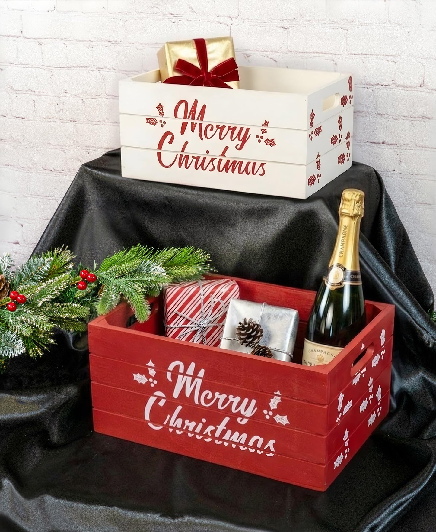Red Co. Set of 2 Red and White Decorative Nesting Wooden Merry Christmas Storage Crate Organizers with Lettering