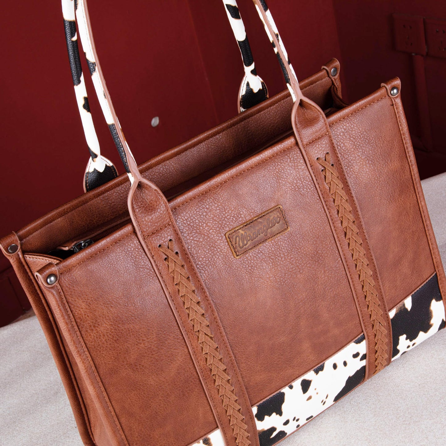 Montana West × Wrangler Vintage Satchel Tote Handbag Western Cow Print Purse for Women Top Handle Large Work Tote Bag WG-HB-102G-8119-BR