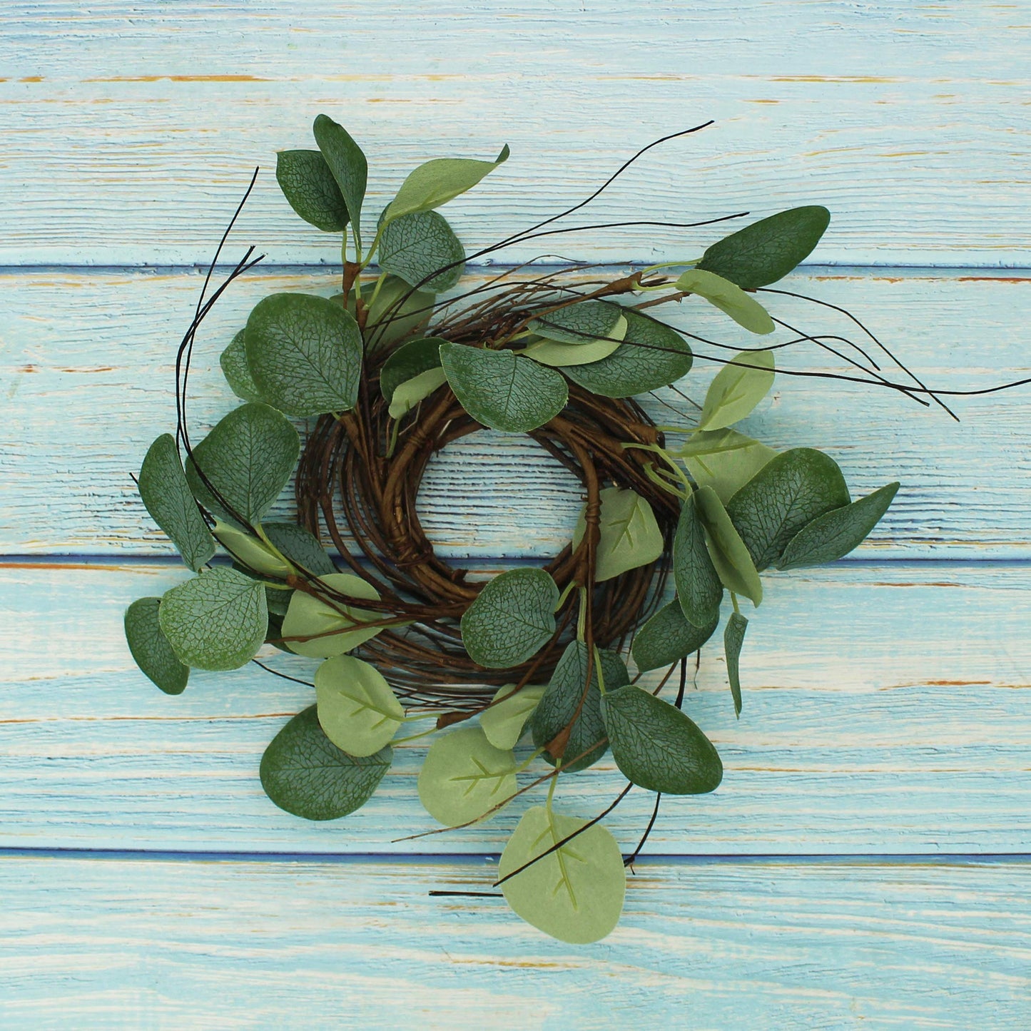 CVHOMEDECO. Rustic Country Artificial Eucalyptus Leaves and Twig Wreath, Year Round Full Green Wreath for Indoor or Outdoor Display, 9-Inch