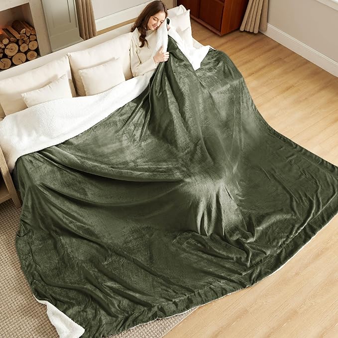 Bedsure GentleSoft Sherpa Fleece Oversized Cal King Blankets for Bed - Thick and Warm Throw for Men, Soft Fuzzy Plush Large Blanket for Winter, Olive Green, 112x98 Inches