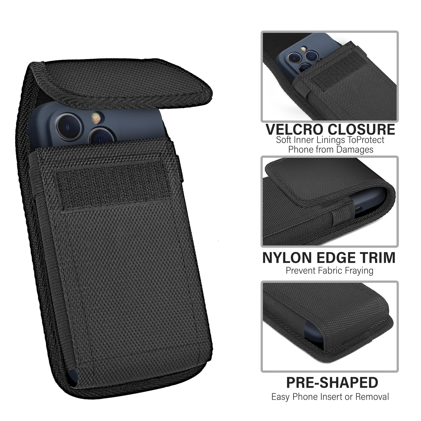 NUVAVO Holster for iPhone 17 16 15 14 13 12 11 Xs X XR/Pro Models, Cell Phone Belt Holder Case with Clip for Men, Heavy Duty Nylon Pouch (Fits Phone with Otterbox Cover on) Black