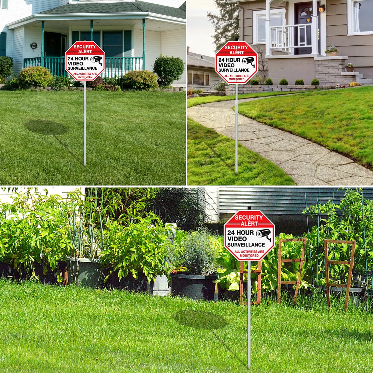Faittoo Security Sign Video Surveillance Sign with 36" Stake for Outside, 2-Pack 12"x12" Rust Free Heavy Aluminum, Reflective, Fade Resistant, 2 pre-drilled holes, Includes Matching Screws & Wrench,