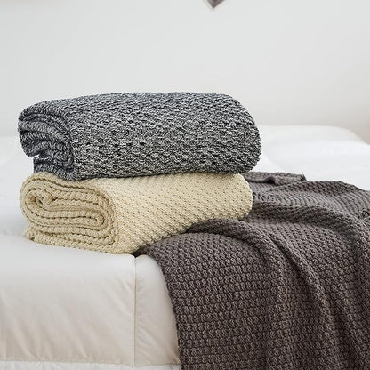 Longhui bedding Black Knitted Throw Blanket for Couch, Soft, Cozy Machine Washable 100% Cotton Sofa Blanket, Heavy 2.5lb Weight, Laundry Bag Included, Black and White