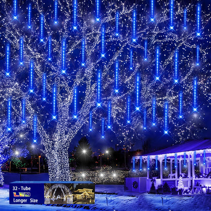 Christmas Lights Outdoors, 32 Tubes(Equivalent to 4 Sets of 8-Tubes) Meteor Shower Rain Lights - Blue lcicle Christmas Light Outdoor for Xmas Tree Wedding Party Holiday House Yard Decor, UL Plug