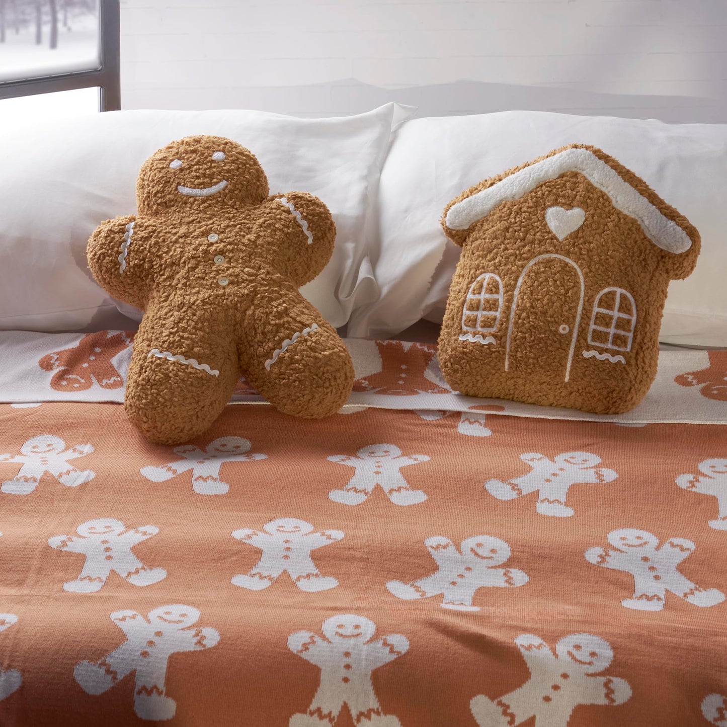 Primitives by Kathy Gingerbread House Shaped Pillow Delightful Fun Soft Pillow Featuring Brown/White Sherpa/White Ricrac/Looks Like a Cookie with Icing, Seasonal Home Decor Accent