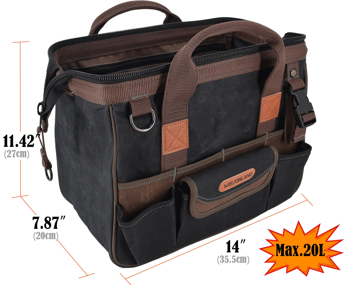 WELKINLAND 30-Pockets Canvas tool bag, 14-Inch Heavy Duty Waxed bags heavy duty, Tool duffel, Lineman Electrician for electricians,Tool men duty Black/Brown/Olive