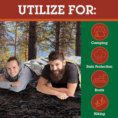 Emergency Thermal Mylar 2 Person Sleeping Bags- 1 Pack -Ultra Compact for Camping, Survival, Disaster Bivouac Shelter- Pocket Sized, 7.25ft x 5.25ft - Retains 90% of Body Heat and Repels Wind & Water