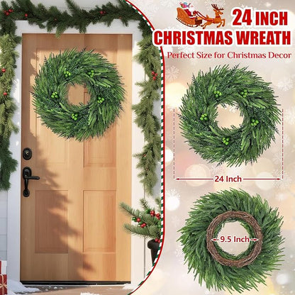 24 Inch Christmas Wreaths for Front Door, Real Touch Norfolk Pine Wreath Large Christmas Wreath with Lights, Winter Wreaths Christmas for Outdoor Indoor Windows Xmas Decor