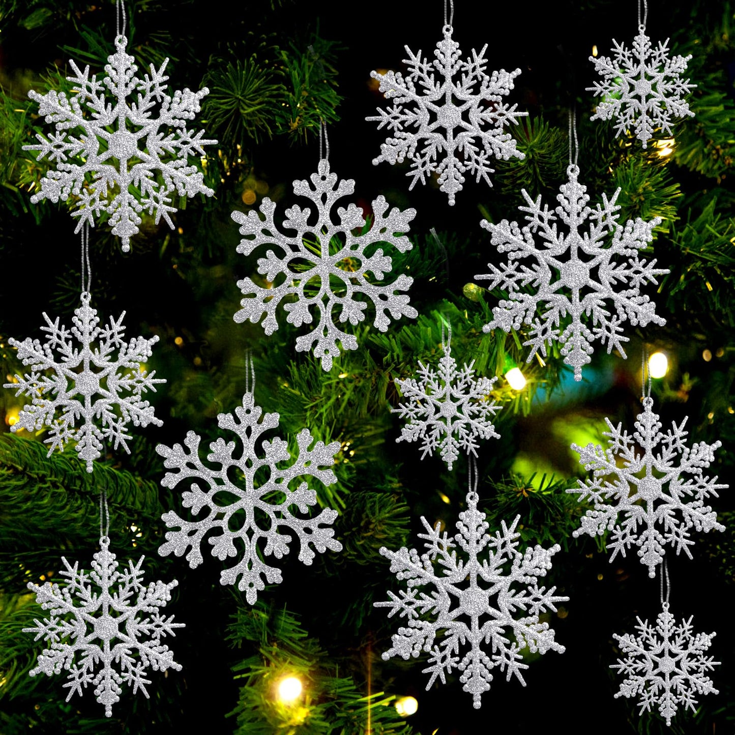 36pcs Christmas Silver Snowflake Ornaments Plastic Glitter Snow Flakes Ornaments for Winter Christmas Tree Decorations Size Varies Craft Snowflakes