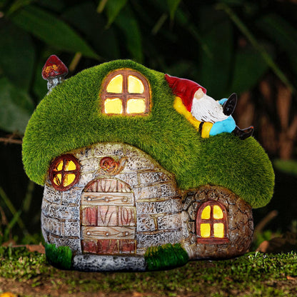 ILLUMINEW House Garden Statues with Solar Lights, LED Cute Flocked Fairy House with Gnomes Garden Figurine, Outdoor Patio Yard Lawn Decorations Gift