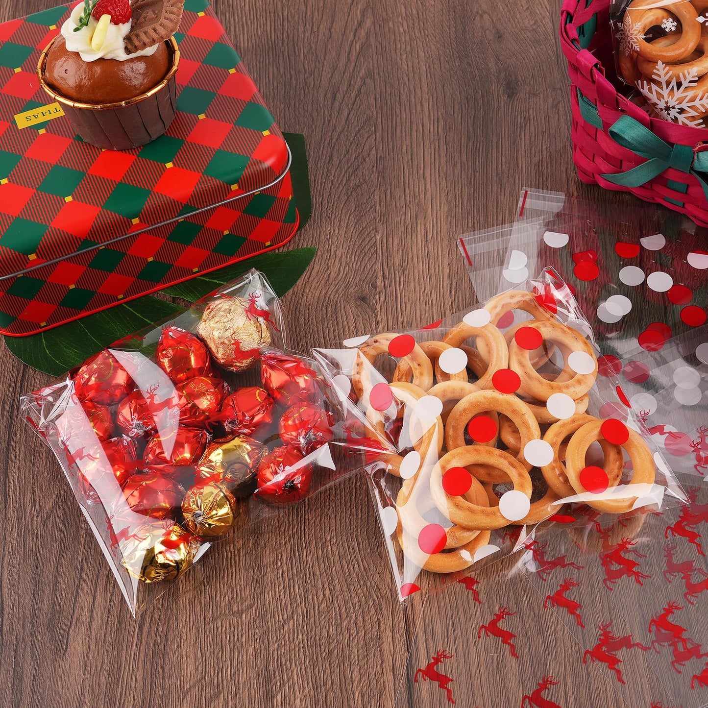 CUDICY Cellophane Cookie Bags 200pcs ChristmasTreat Bags 5.5x5.5 Self Sealing for Gift Giving Packaging Candy Goodie Holiday Bakery