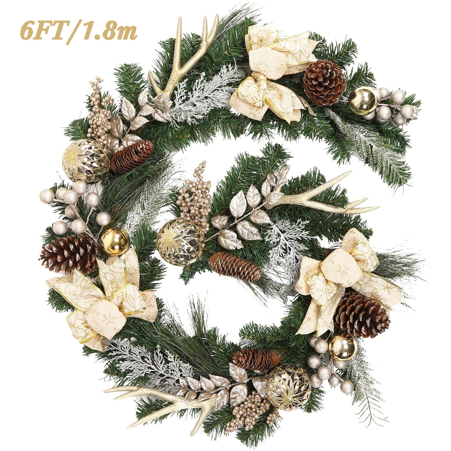 Adeeing Christmas Garland with Lights, Champagne Gold 6FT 20LED Pre-Lit Christmas Garland with Ball Ornaments, Ribbons, Pine Cones and Artificial Antlers for Door Mantle Stairs Christmas Decoration
