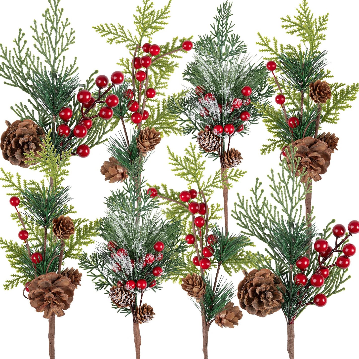 AnyDesign Artificial Christmas Picks Assorted Faux Pine Picks Red Berry Picks Stems Spray Twigs Evergreen Branches for DIY Holiday Art Gift Craft Garland Ornament Floral Arrangement Wreath (8 Pack)