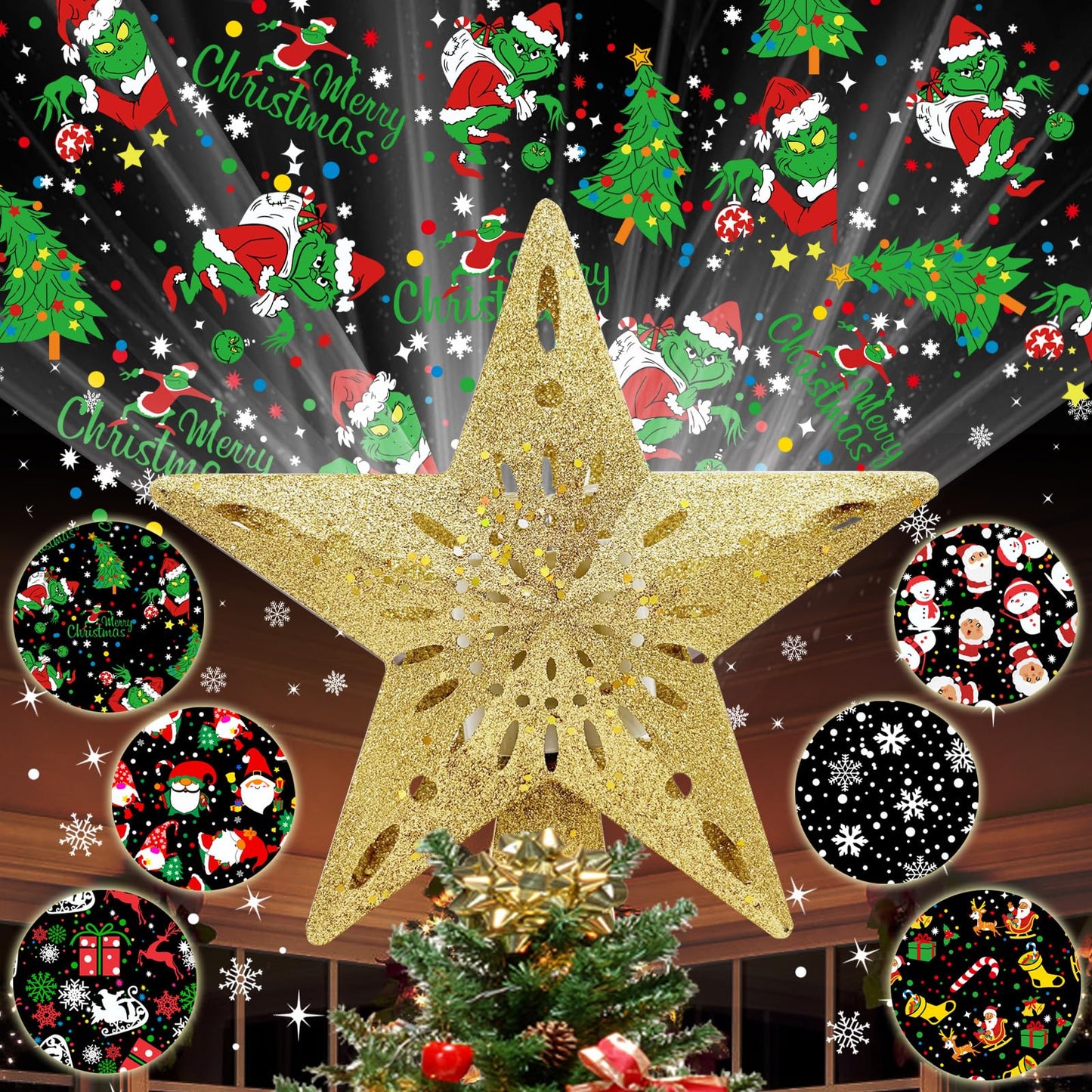 10" Christmas Tree Topper Star Lighted with 6 Projection Modes, Light Up Christmas Tree Topper Built-in LED Rotation Light, 3D Glitter Dynamic Projector Tree Top for Xmas Party Decorations Gift