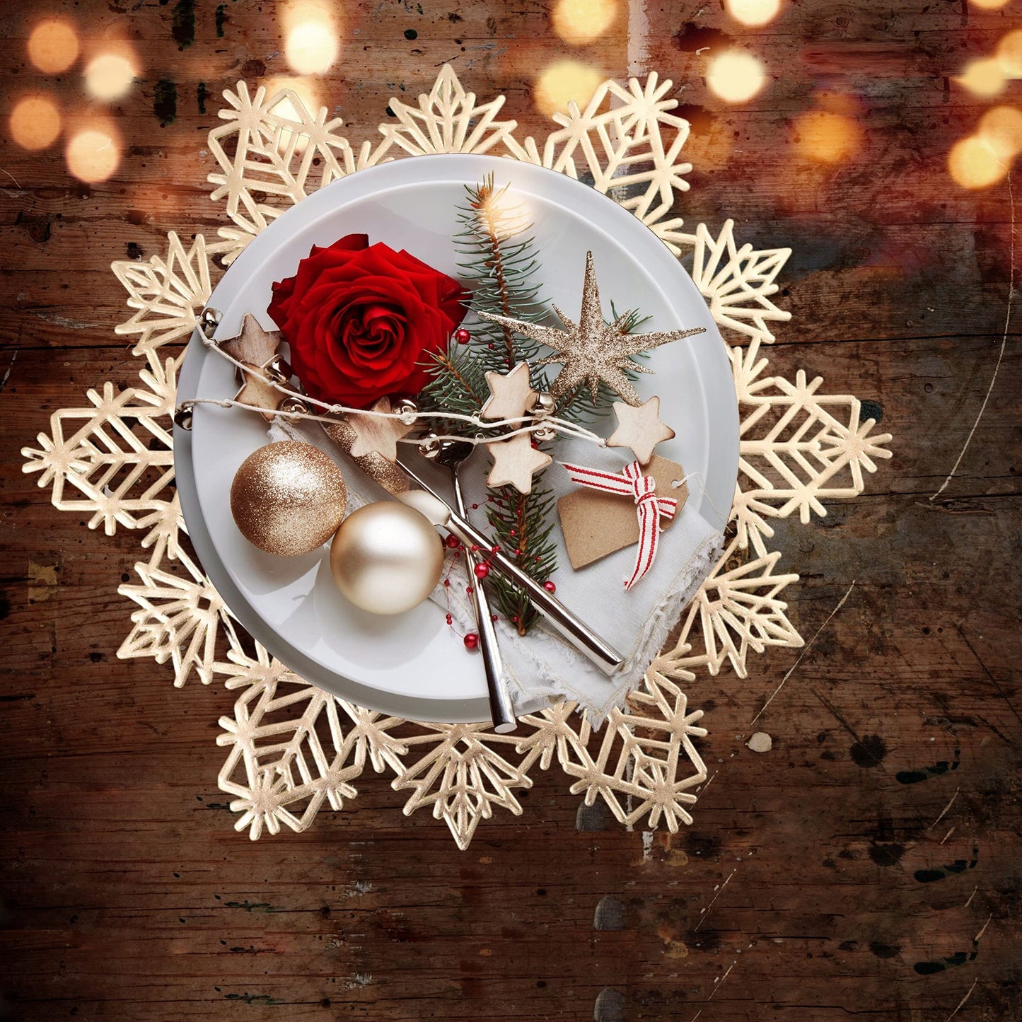 Snowkingdom Christmas Round Snowflake Placemats Sets of 6 Laminated Gold Metallic Vinyl 15 inch Winter Festival Table Decorations for Holiday Party Feast