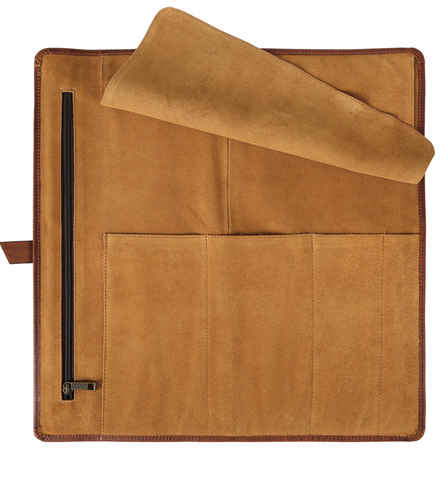 KomalC Premium Buffalo Leather Chef Knife Roll – 17.5″ × 17.5″ Knife Storage Bag with 4 Slots, Suede Lining, Brass Buckle & Zipper Pouch – Portable Travel Case for Chefs & Culinary Students