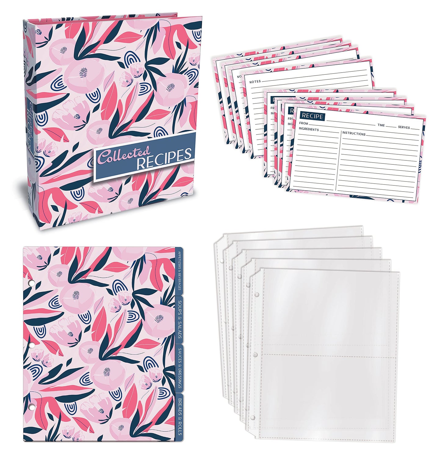 Better Kitchen Products Recipe Binder, 8.5" x 9.5" 3 Ring Binder Organizer Set (with 50 Page Protectors, 100 4" x 6" Recipe Cards & 12 Category Divider Tabs) Floral Design