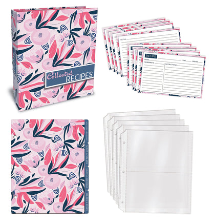 Better Kitchen Products Recipe Binder, 8.5" x 9.5" 3 Ring Binder Organizer Set (with 50 Page Protectors, 100 4" x 6" Recipe Cards & 12 Category Divider Tabs) Floral Design