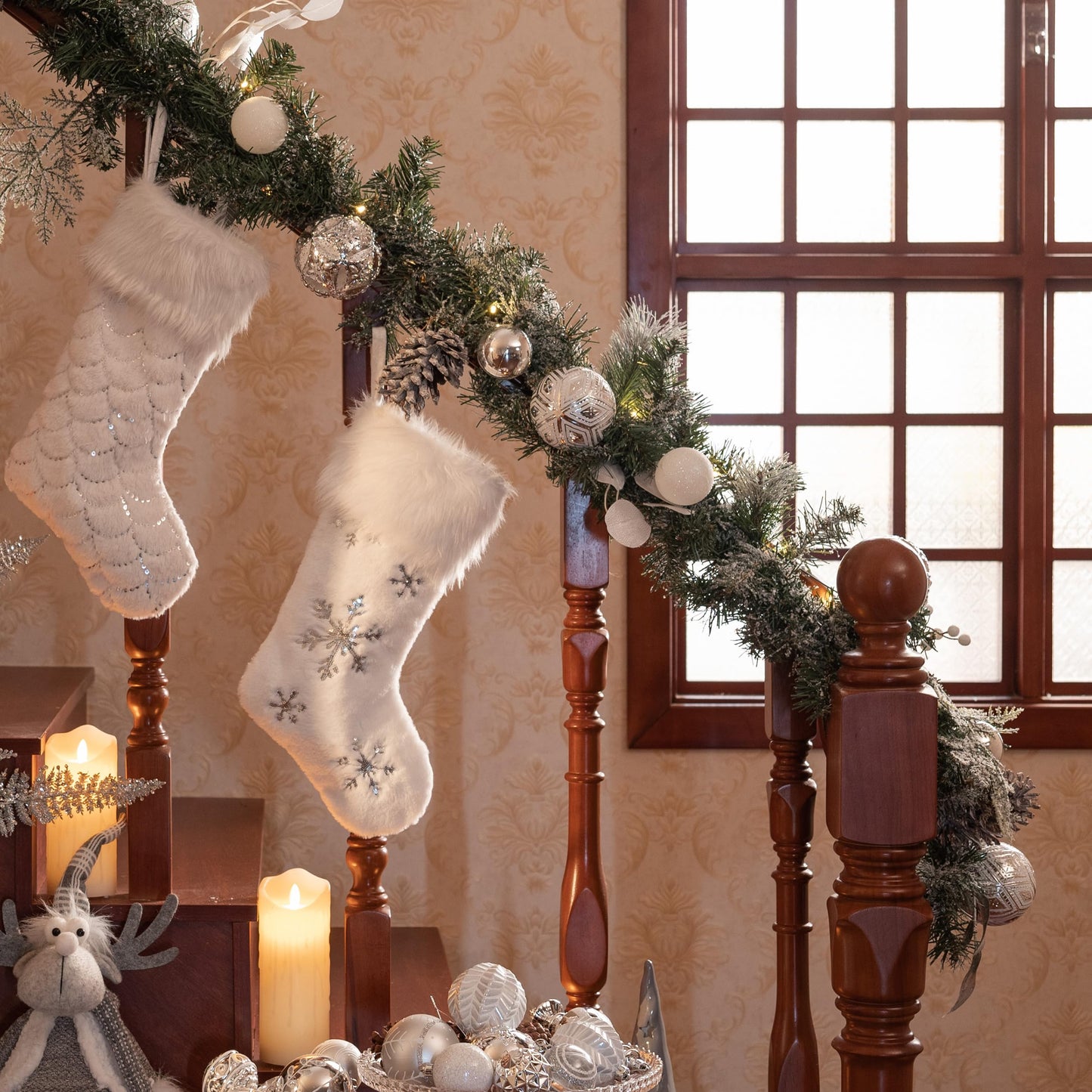 Valery Madelyn 6 Feet Pre-Lit Christmas Garland with Lights for Mantle, Lighted Outdoor Xmas Garland with Snowy White Ball Pinecones for Home Stairs Fireplace Table Centerpiece Indoor Holiday Decor