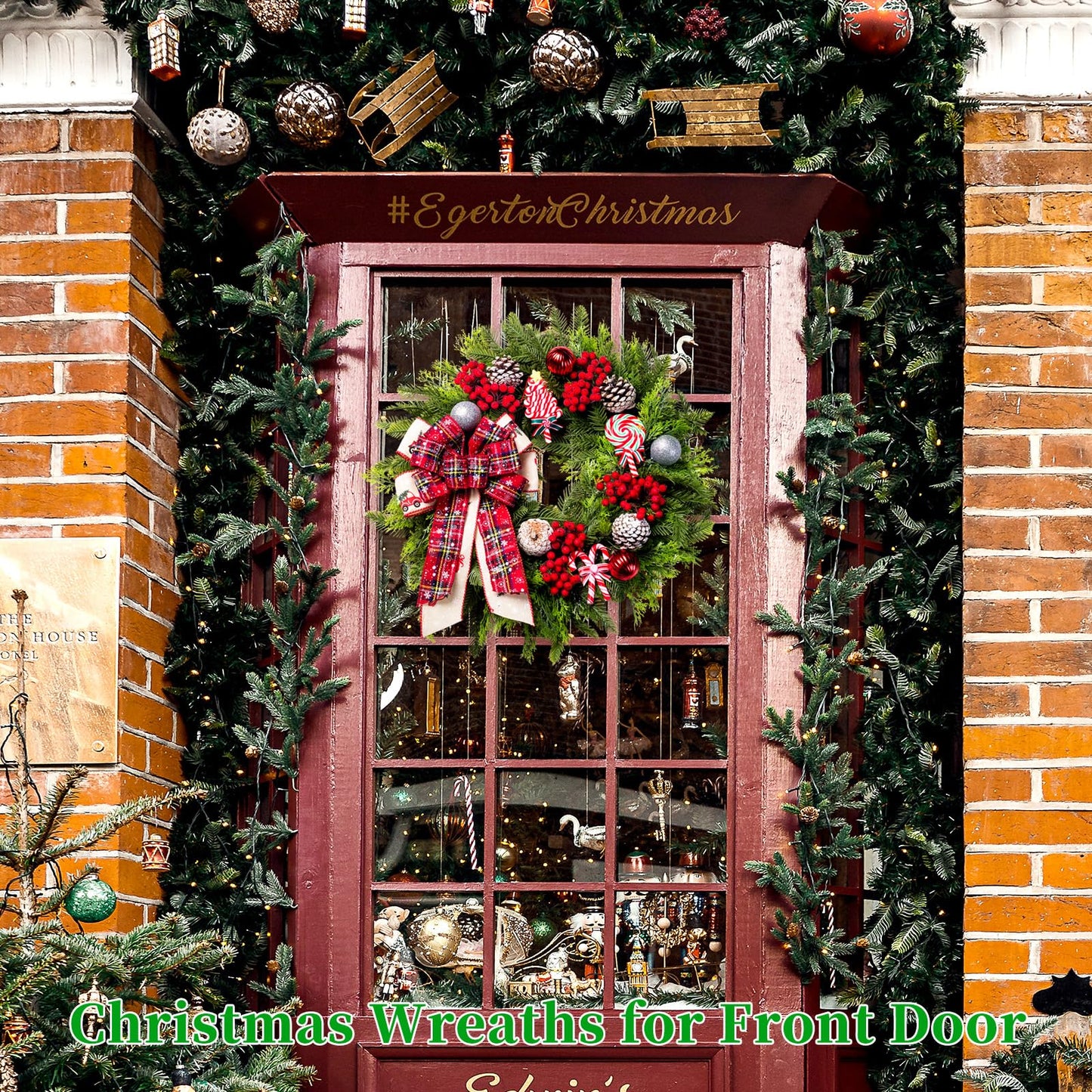 Christmas Wreaths for Front Door, 20 Inch Lighted Artificial Christmas Door Wreath with Candy Lollipops Ball Bow, Holiday Decorations for Home Decor