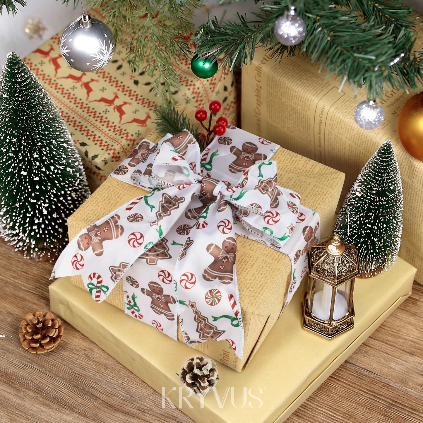 Kryvus Christmas Wired Ribbon, 2.5 Inch X 10 Yards Gingerbread Candy Canvas Satin Ribbon with Wired Edge, Perfect for Home Wreath DIY Craft Decoration Supplies Gift Wrapping