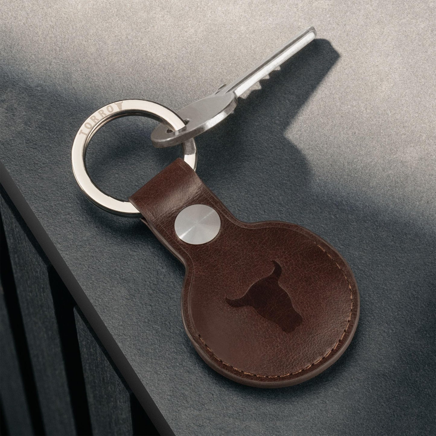 TORRO Leather Keyring/Keychain Compatible with AirTag – Premium Leather Key Holder with Brushed Metal Ring (Dark Brown)