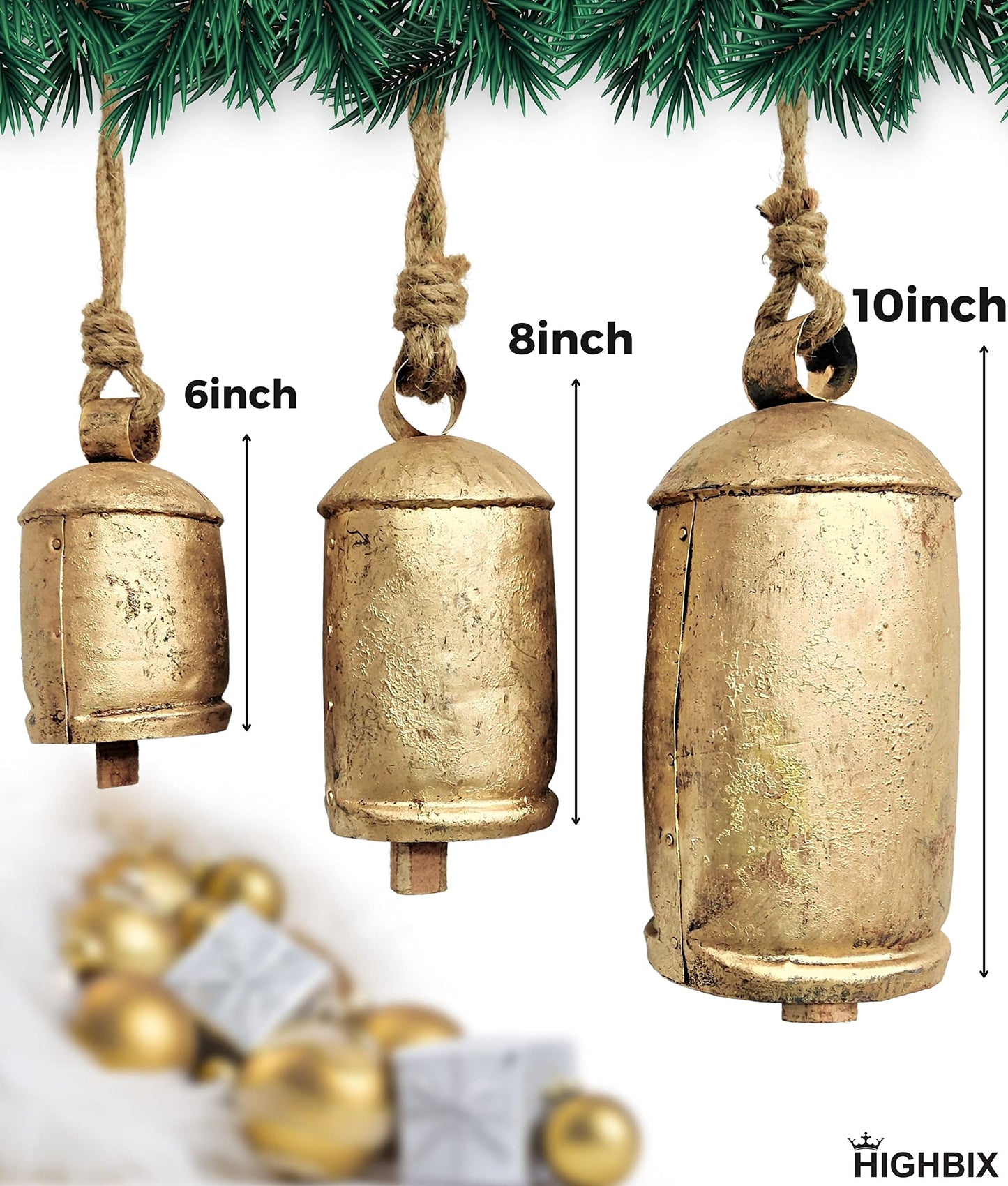 HIGHBIX Set of 3 Giant Harmony Cow Bells Huge Vintage Shabby Chic Handmade Rustic Lucky Christmas Hanging XL Bells On Rope Country Rustic (Extra Large)