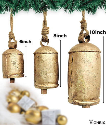 HIGHBIX Set of 3 Giant Harmony Cow Bells Huge Vintage Shabby Chic Handmade Rustic Lucky Christmas Hanging XL Bells On Rope Country Rustic (Extra Large)
