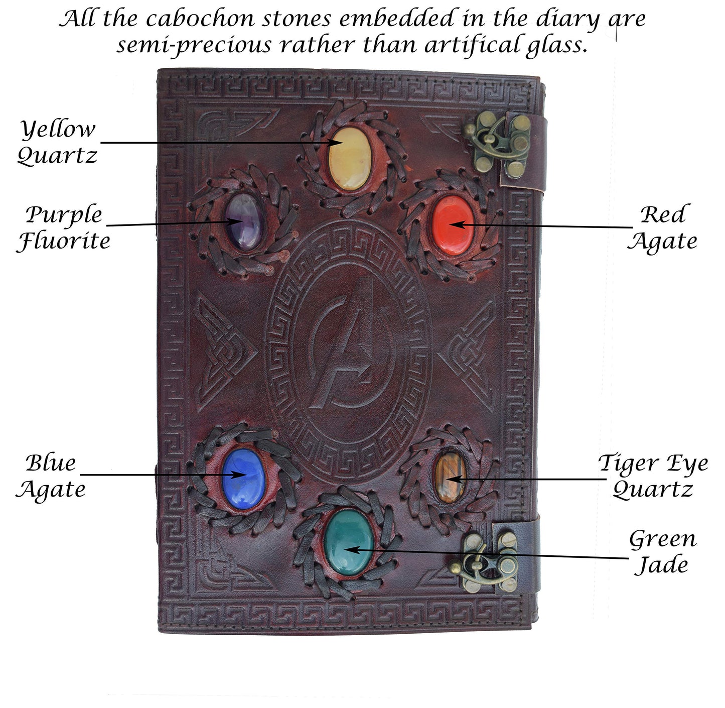Avengers embossed 10 inches Handmade Leather Journal With Stones/Art Sketchbook & Travel diary with Vintage lock Latch