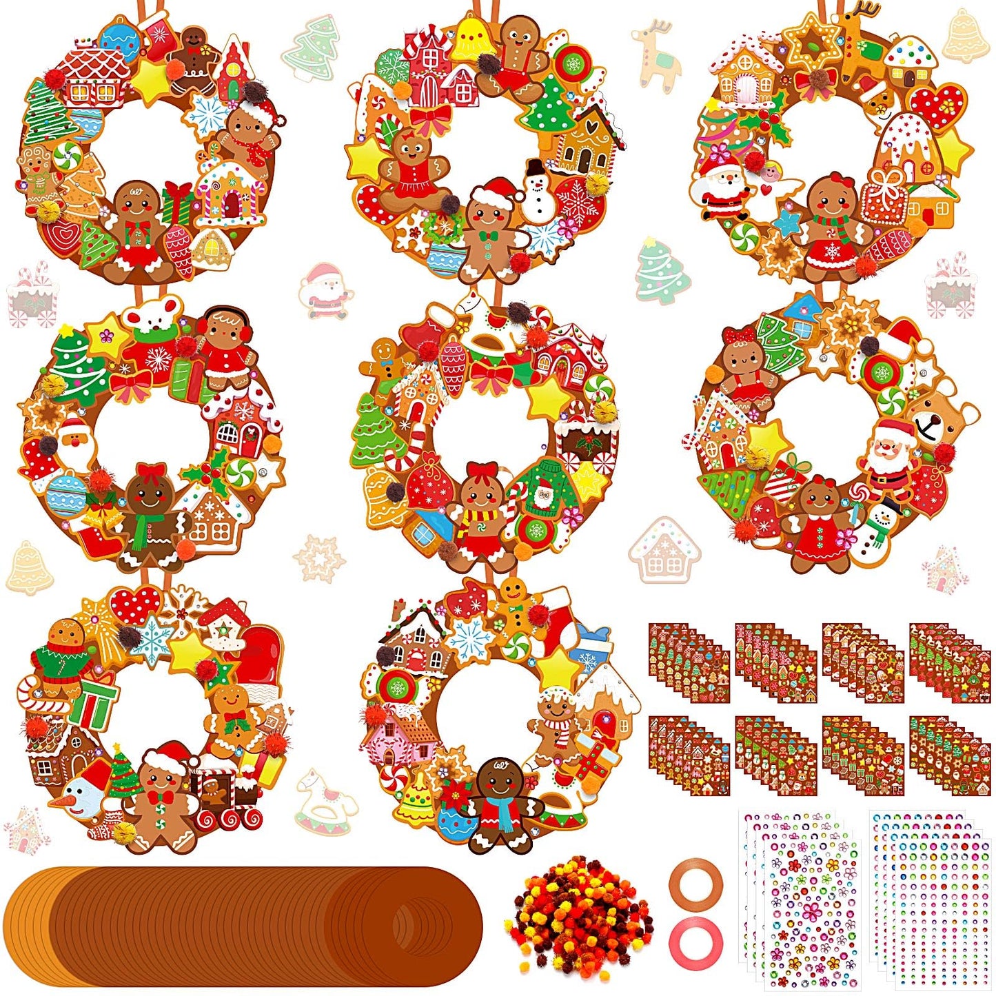 Hollowfly 48 Sets Christmas Wreath Craft Kits DIY Gingerbread Man Wreath Hanging Ornaments with Stickers for Christmas Xmas Party Supplies Favors Home Activities