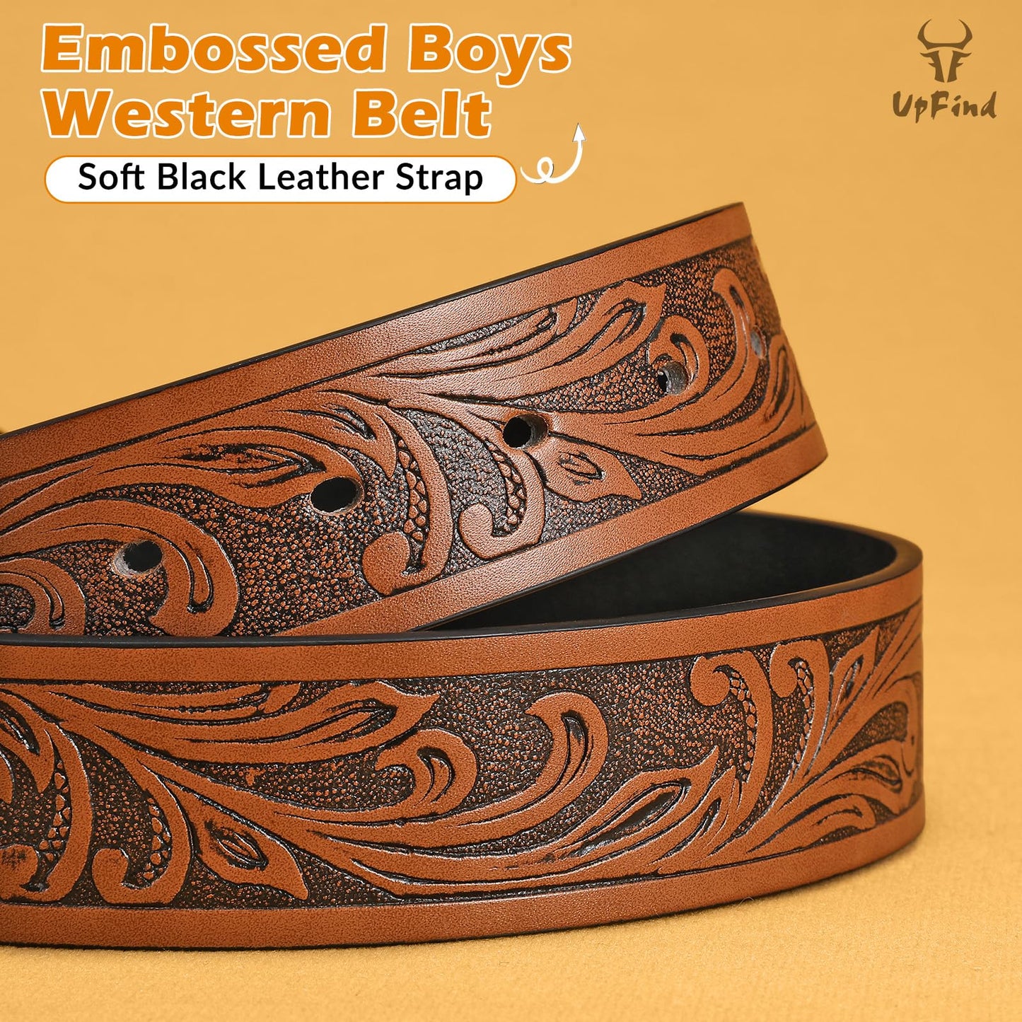 UpFind Boys Western Leather Belt Engraved Kids Cowboy Belt with Pin Buckle for Jeans Pant School Uniform Dress Up, 1.5" Wide