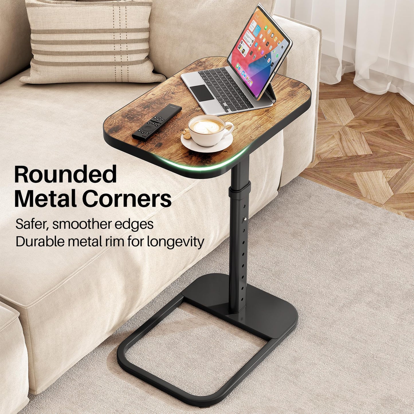 Kitstorack TV Tray Table, Adjustable Height & Flip-Top & Rounded Metal Corners, Snack Table for Couch, Sofa, Bed, Chair, Living Room, C Shaped End Side Table for Eating, Dinner or Laptop, Small Spaces