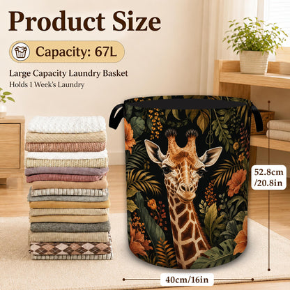 Safari Giraffe Floral Laundry Basket with Handles, Foldable Tall Oxford Clothes Hamper, Lightweight Water-Resistant Storage Bin for Bedroom Bathroom College Dorm, 16 x 20.8 Inch