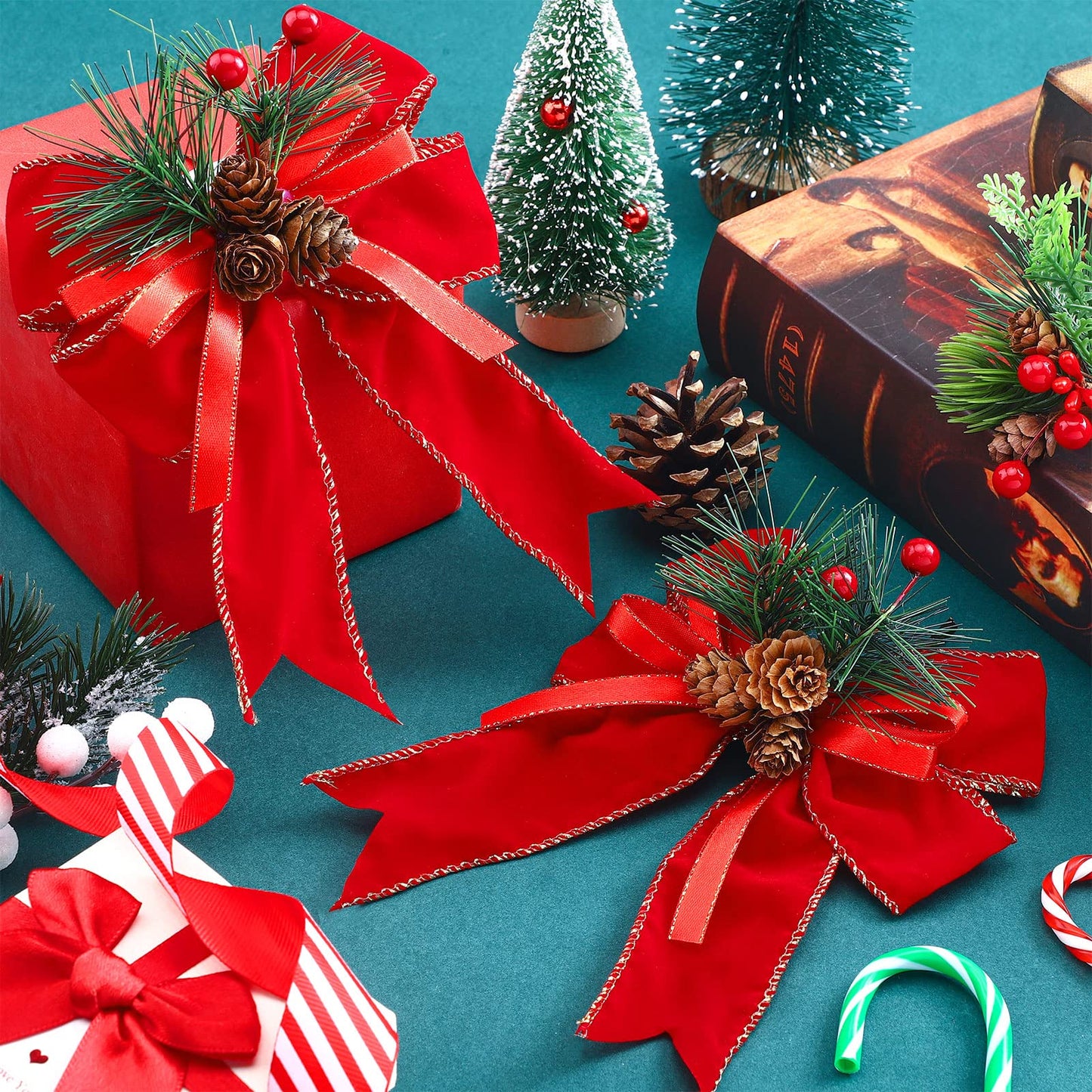Syhood 6 Pcs Christmas Bows with Pine Cones Pine Needles Xmas Velvet Bows Red Ribbon Christmas Tree Wreath Decoration for Xmas Parties Indoor Outdoor Crafts DIY Decor