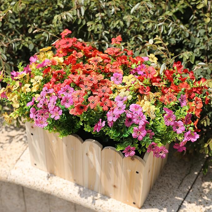 Outdoor Artificial Flowers, 8 Bundles Fake Flowers Autumn Decoration, No Fade Faux Plastic Shrubs for Garden Patio Porch Window Box Fall Decor (Fuchisa,Rose Yellow,Red)