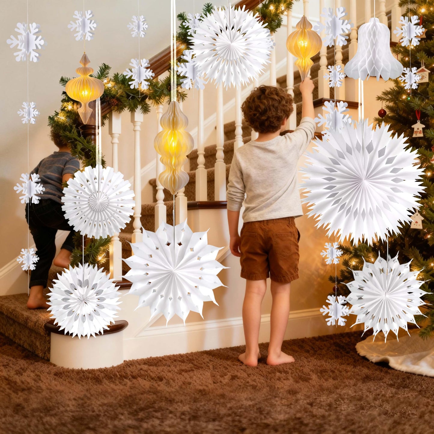White Christmas Hanging Decorations Set, 3D Paper Honeycomb Ornaments Decorative Honeycomb Bell Lanterns with Lights, Paper Snowflake Fans Garlands for Xmas Tree Winter Wonderland Holiday Party Decor