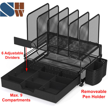 Simple Houseware Mesh Desk Organizer with Sliding Drawer, Double Tray and 5 Upright Sections, Black