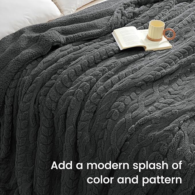 PHF Fluffy Sherpa Throw Blanket for Winter, Warm and Soft, 510GSM 3D Jacquard Thick Shaggy Fleece Plush Blanket for Couch, Dark Grey, 50"x60"