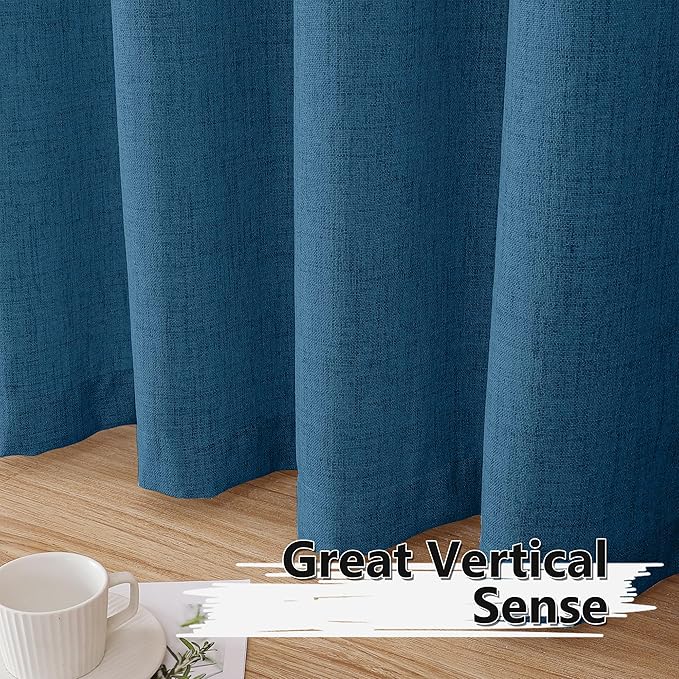 Tollpiz Linen Curtains Bedroom Rod Pocket Semi Sheer Curtain Burlap Light Filtering Thick Linen Drapes for Living Room, 54 x 84 inches Long, Classic Blue, Set of 2 Panels