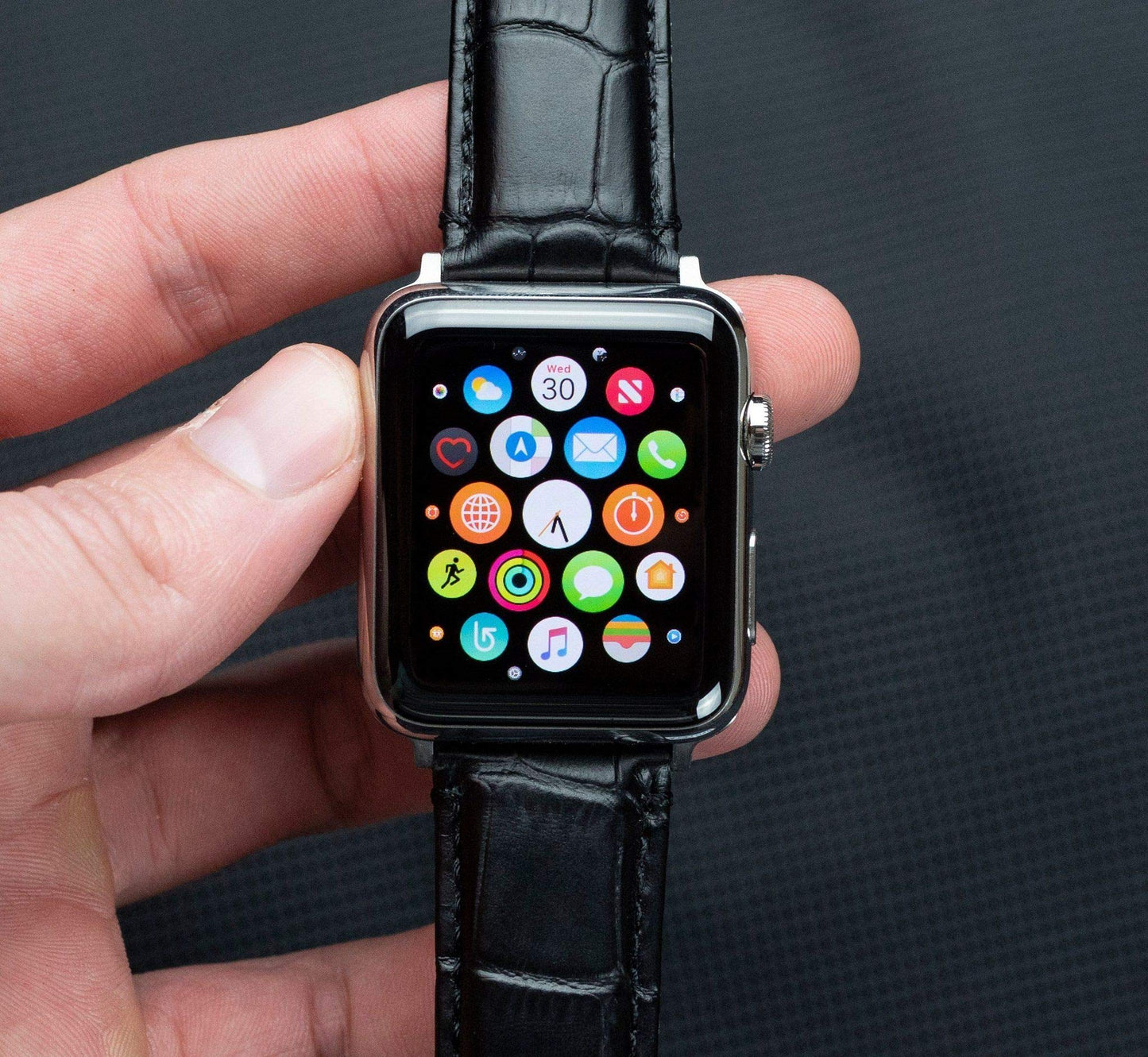 BARTON WATCH BANDS - Black & Stainless Hardware Alligator Grain Leather Watch Bands Compatible with Apple Watch Models - 1, 2, 3, 4, 5, 6, 7, 8, 9, 10, SE, Ultra & Ultra 2 - (42mm/44mm/45mm/49mm)
