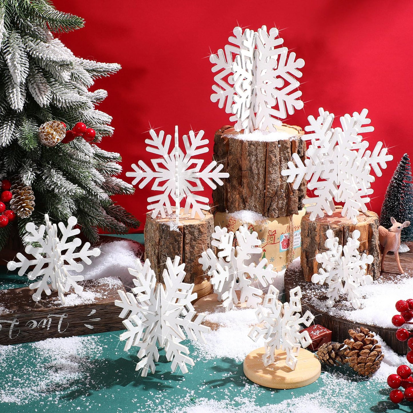 Sawysine 16 Pcs Glitter Wooden 3D Snowflake Decor Christmas Table Decorations Snowflake Signs Winter Wooden Xmas Standing Centerpiece Fireplace Decoration for Winter Holiday(White)