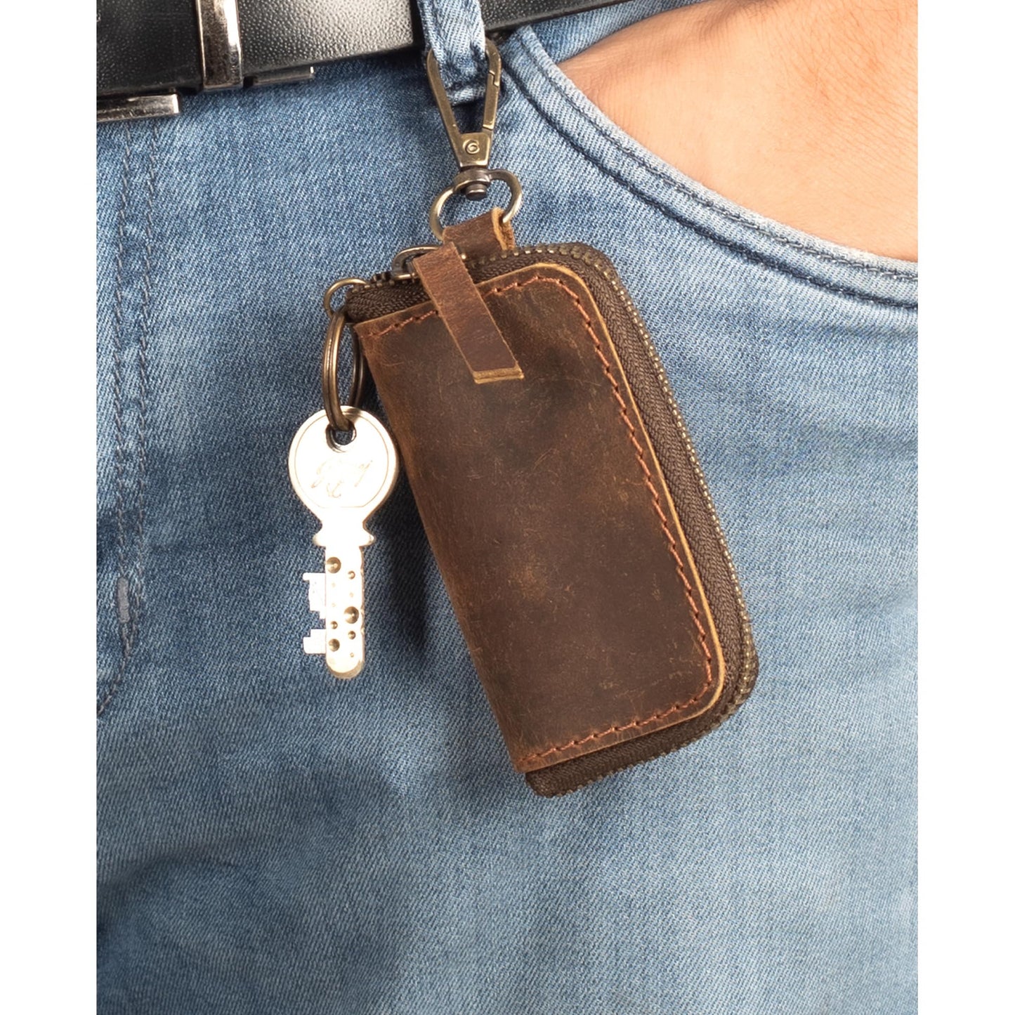 Handmade Full Grain Leather Car Key Holder & Zippered Coin Purse | Belt Loop Key Chain, Compact Earphone Holder, Multi-Functional Money Purse, Elegant Leather Accessory, Versatile Key Organizer