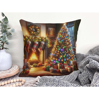 Throw Pillow Cover 20x20 Inch,Christmas Living Room Christmas Tree Adorned Lights Ornaments Stockings Hang Above Fireplace Throw Pillow Case,Home Decor Cushion Covers for Sofa Living Room Couch Bed