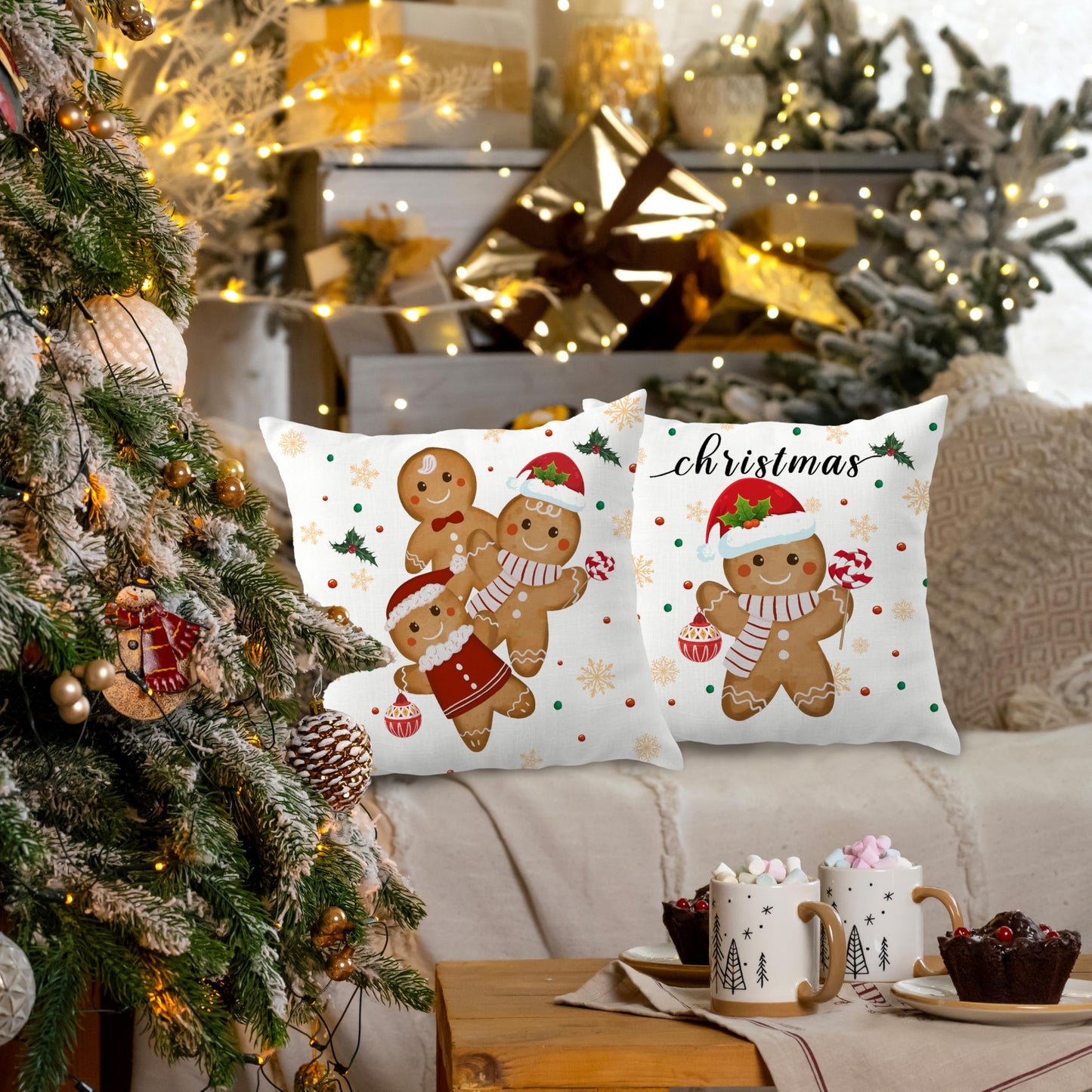 ROXMART Winter Christmas Gingerbread Pillow Covers 18x18 Set of 2, Gingerbread Christmas Decor, Holiday Winter Xmas Ginger Bread Decorative Pillow Covers for Couch Sofa Bedroom Living Room Home