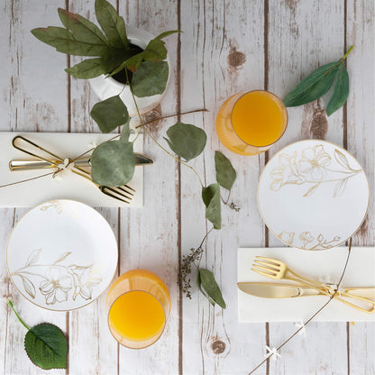 [6'' Plates 40 Count] White Plastic Floral Design Party Plates With Gold Rim Premium heavyweight Elegant Disposable Tableware Dishes