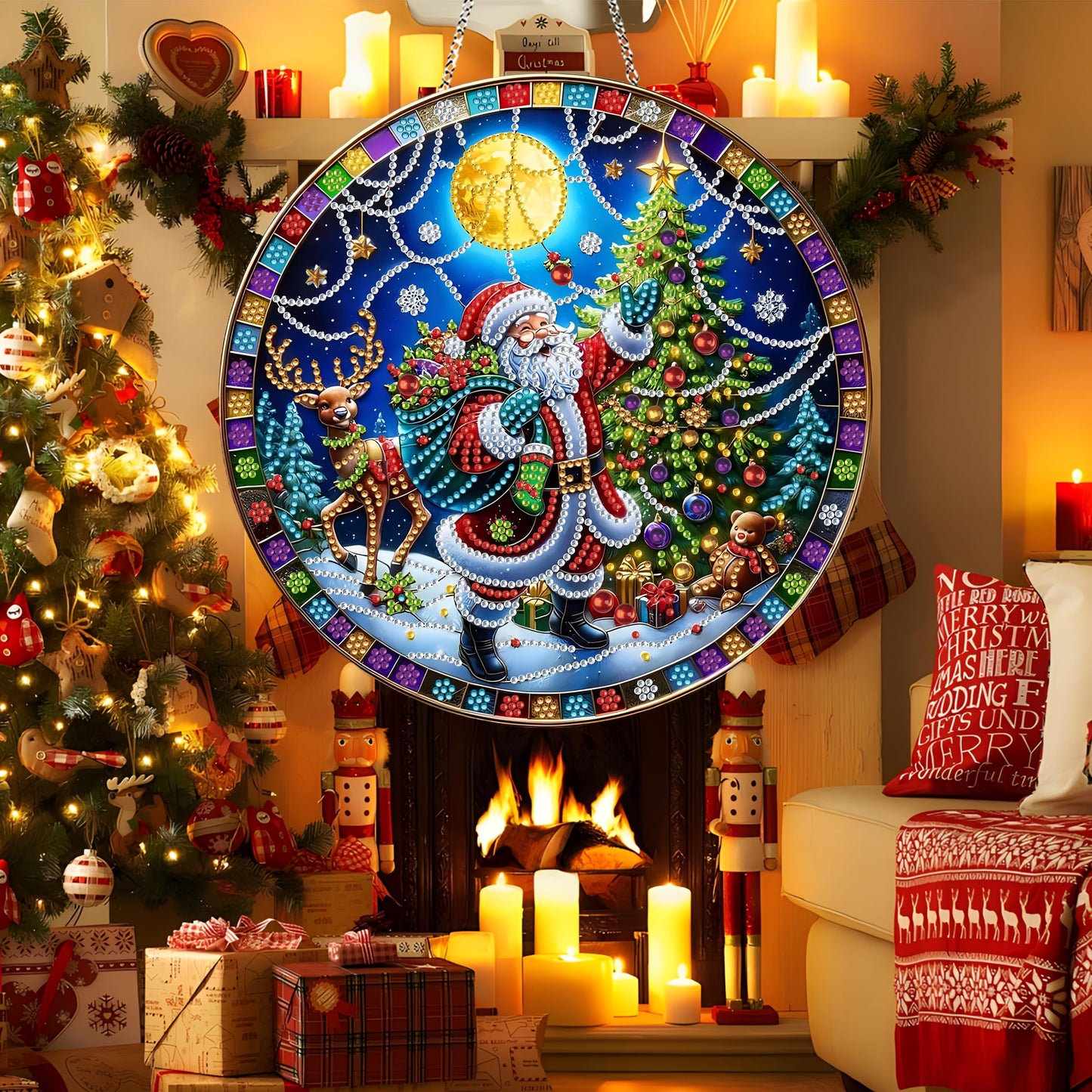 DIY Diamond Art Painting Wreath Kits，Special Shaped Rhinestone Hanging Ornament Diamond Art Window Pendants for Gift Home Garden Wall Hanging Kits,Double Sided (Santa Claus-1)
