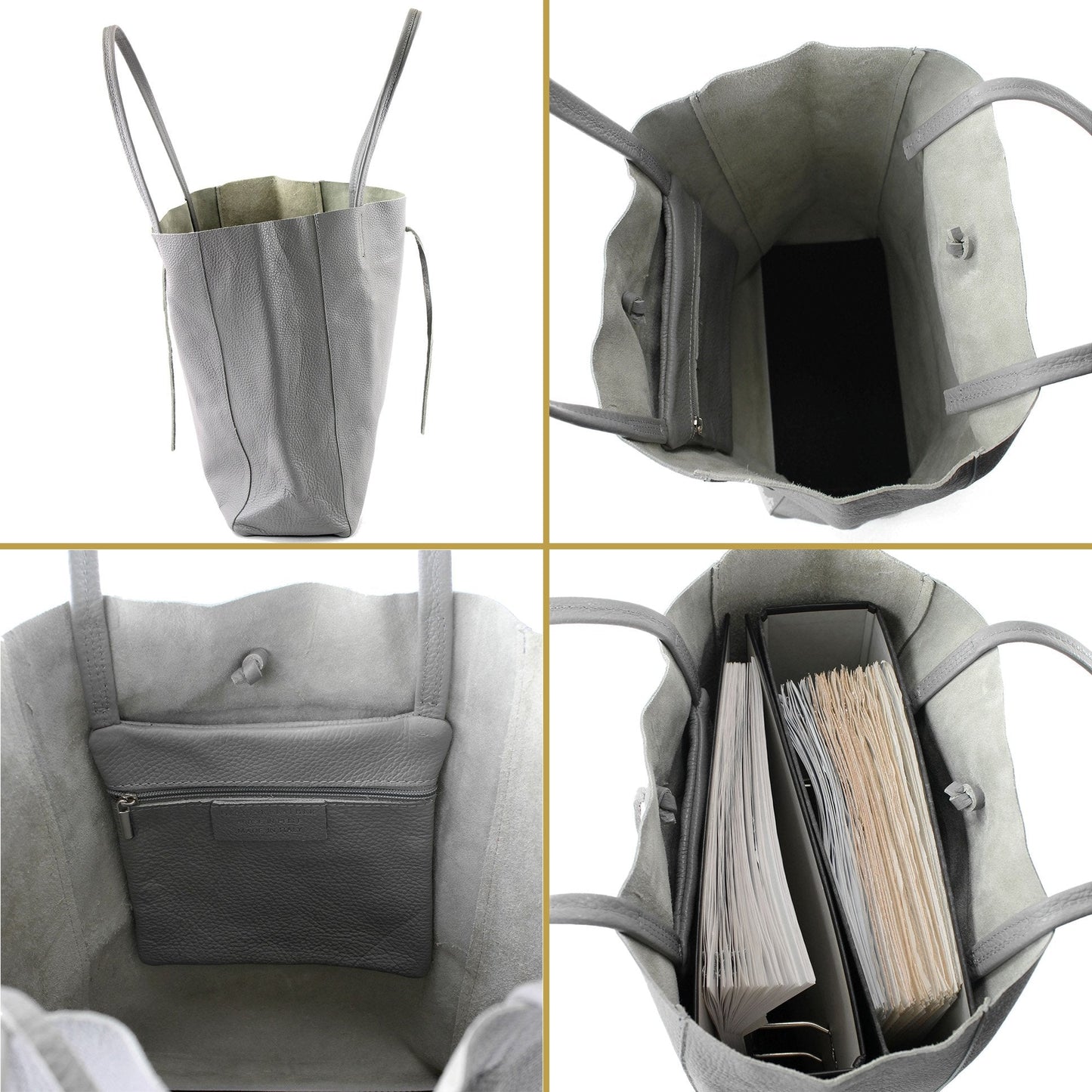 modamoda de T163 Women's Leather Shopper Shoulder Bag Large with Inner Pocket Handmade in Italy, Ocean Grey, L