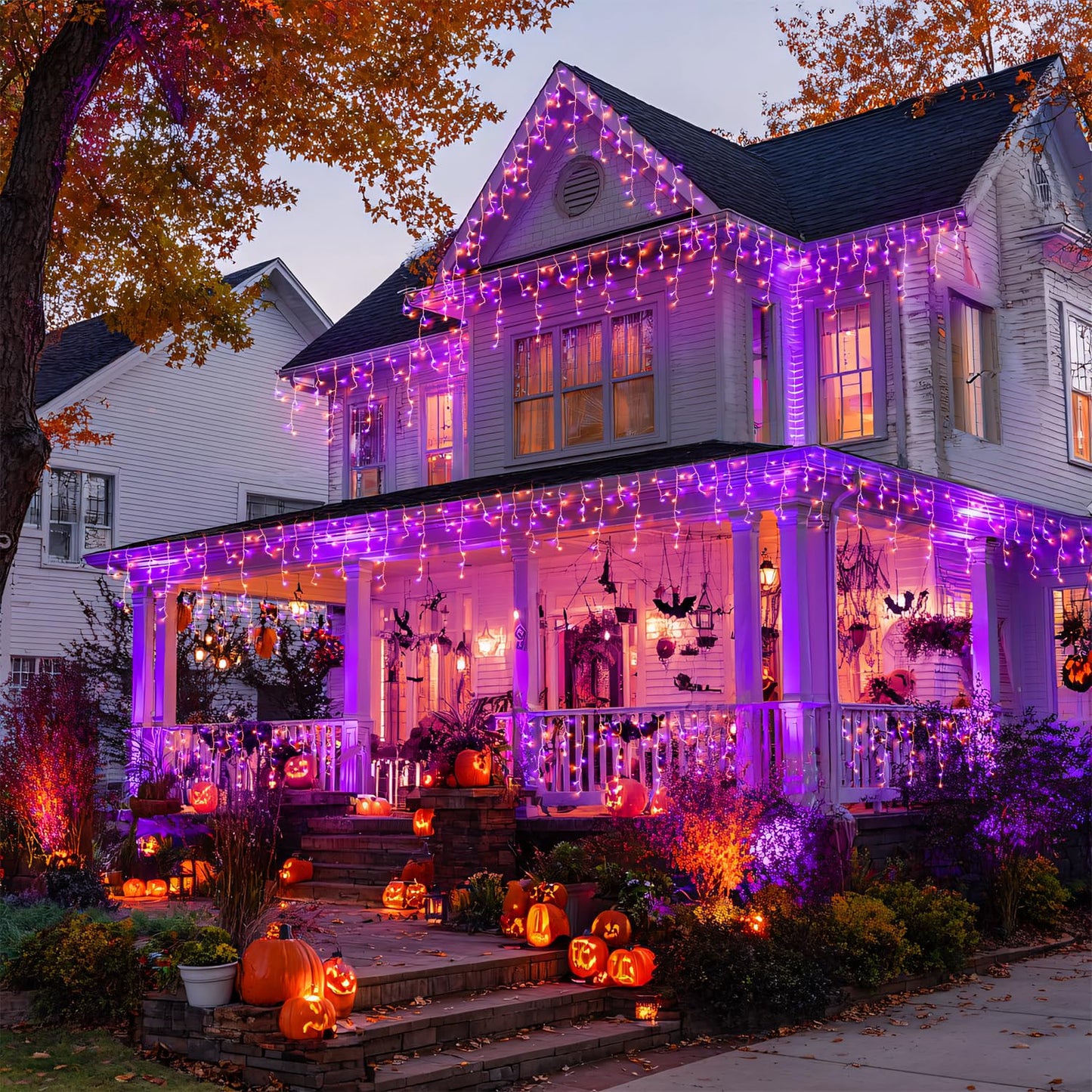 JMEXSUSS 400 LED Orange and Purple Christmas Lights Outdoor, 38.8 FT Orange and Purple Icicle Light Outdoor Waterproof, 8 Modes Halloween Lights Plug in for House Christmas Party Decorations